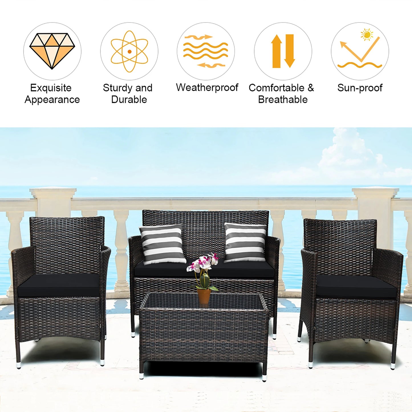 HOMASIS Rattan Patio Furniture Set Cushioned Sofa Chairs Coffee Table