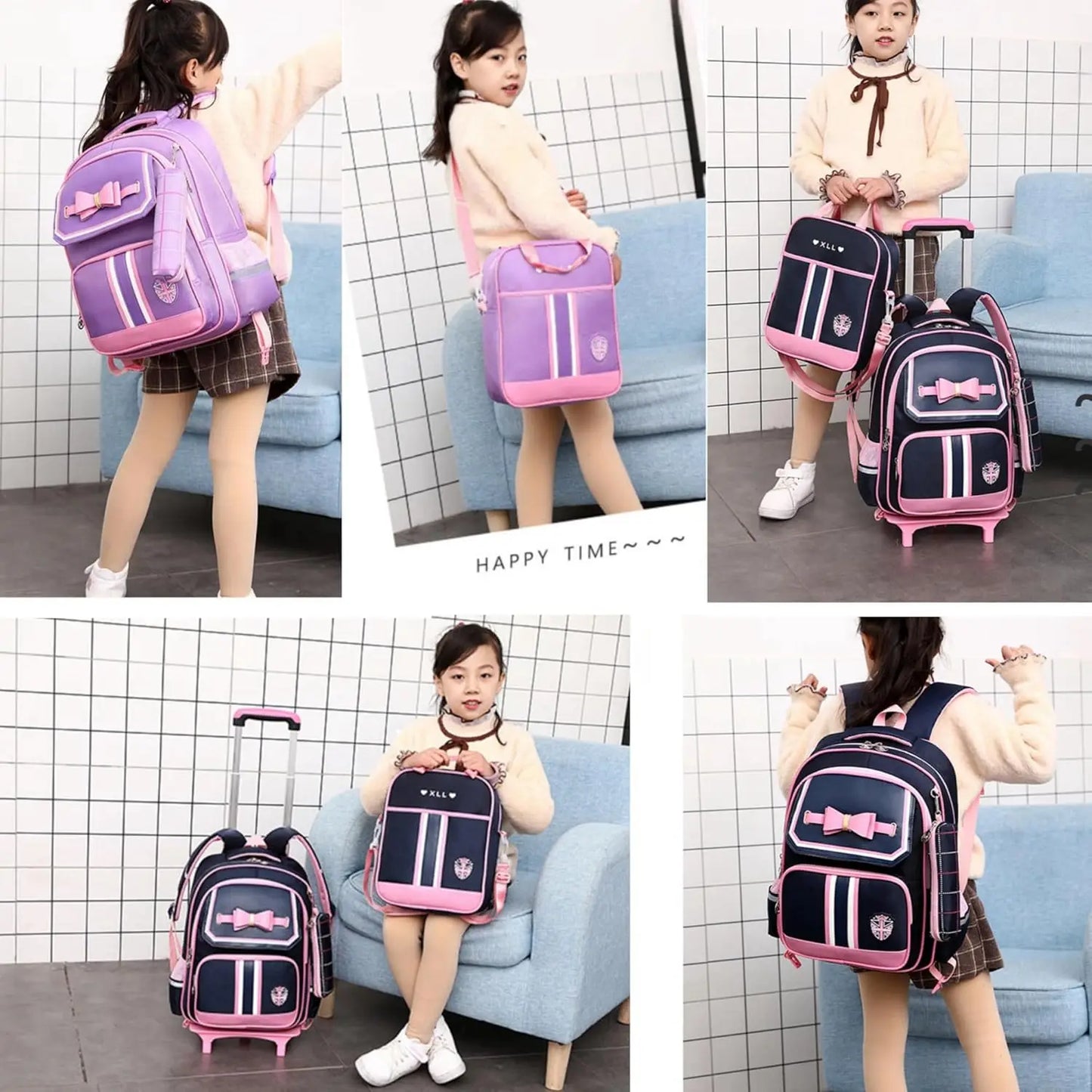 Caster Cute Rolling Backpack for Girls with Wheels Trolley Bookbag