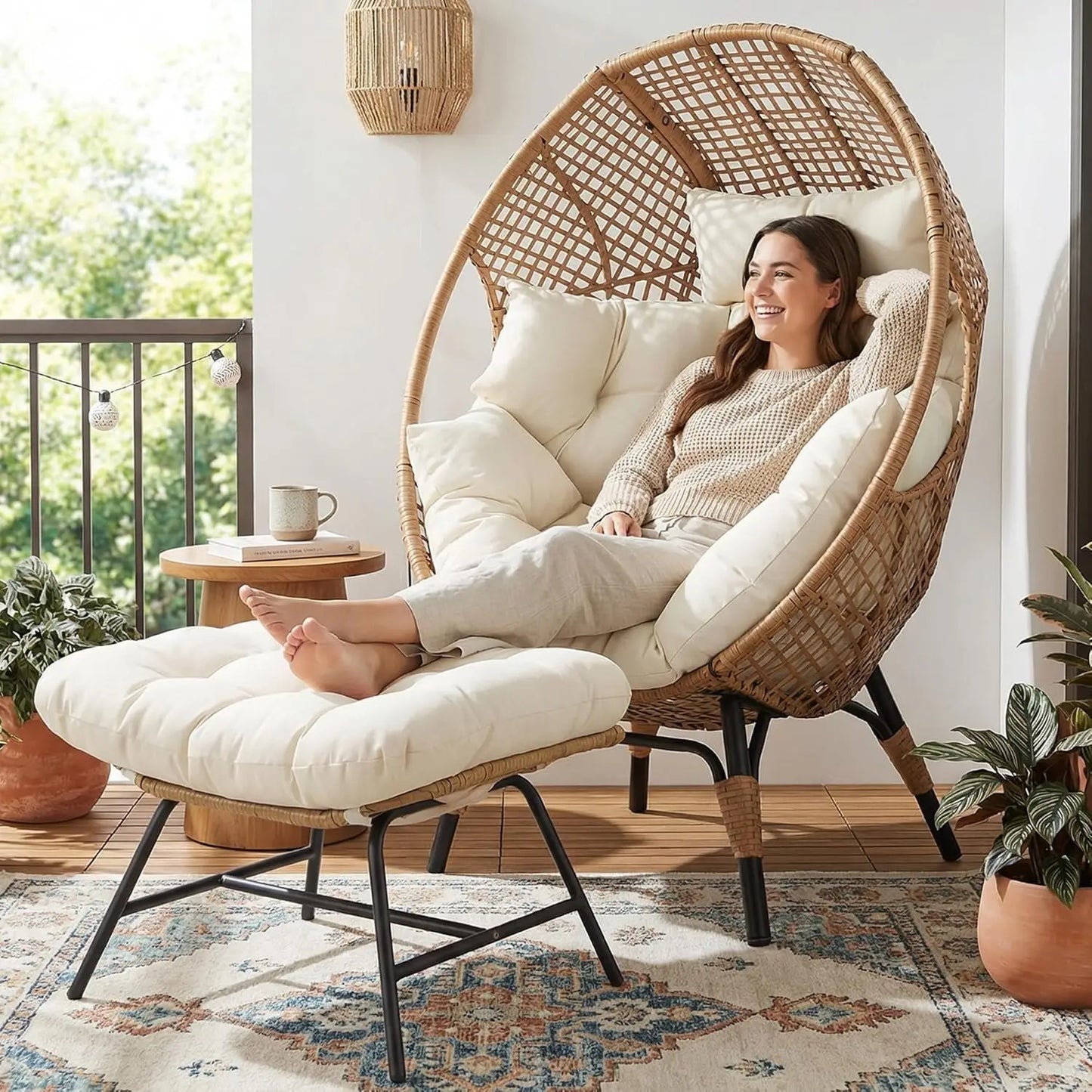 Indoor Outdoor Egg Chair With Ottoman Cushioned Lounge Footrest