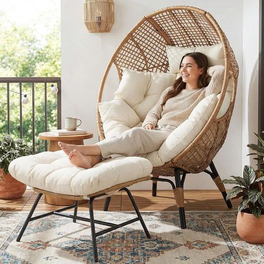 Indoor Outdoor Egg Chair With Ottoman Cushioned Lounge Footrest