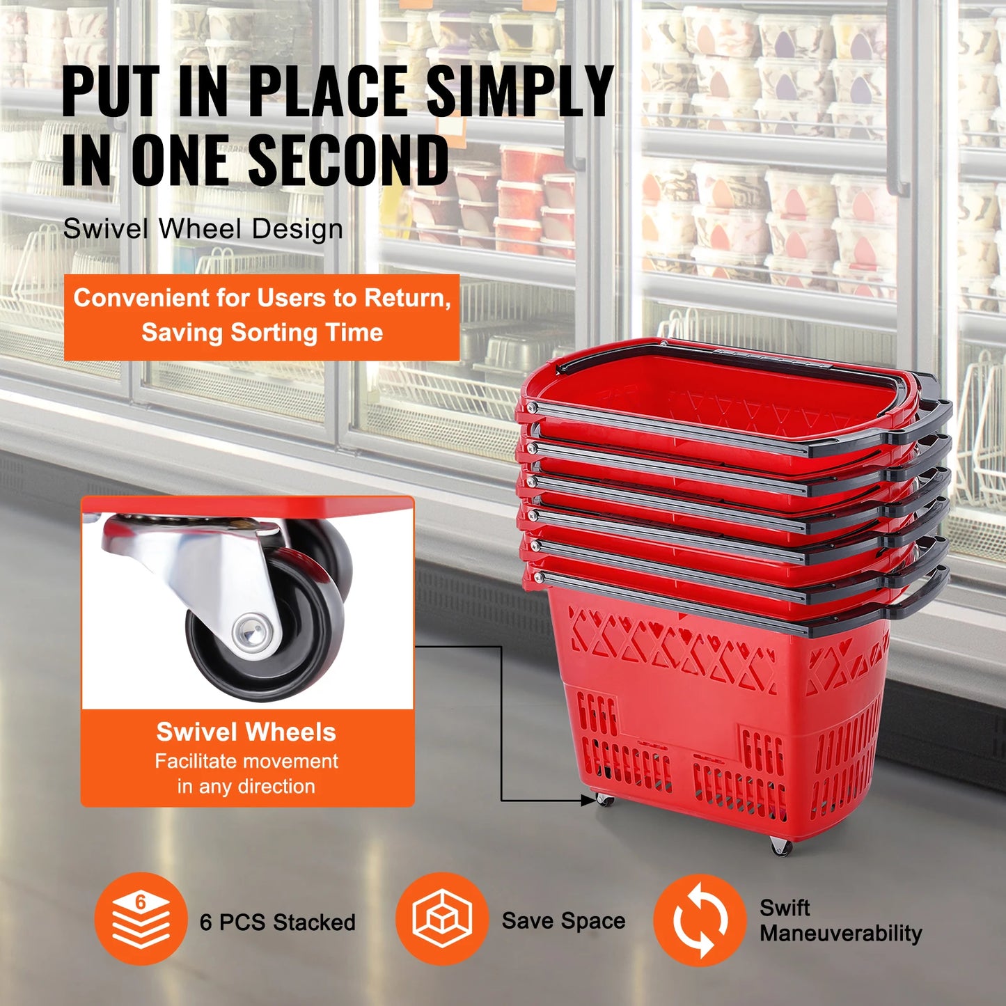 NONECN 6 Piece 39L Rolling Shopping Baskets With Handles