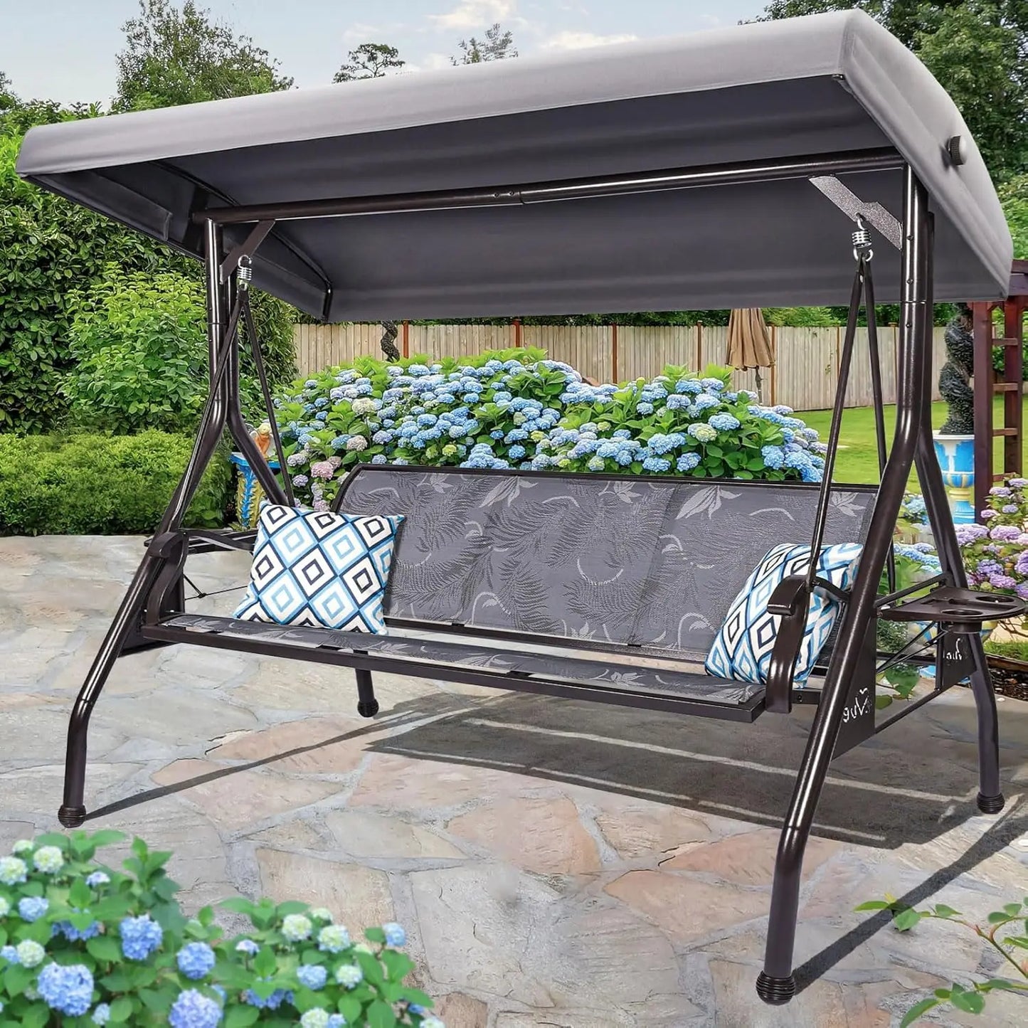 Patio Swing Chair With Adjustable Canopy And Cup Holders